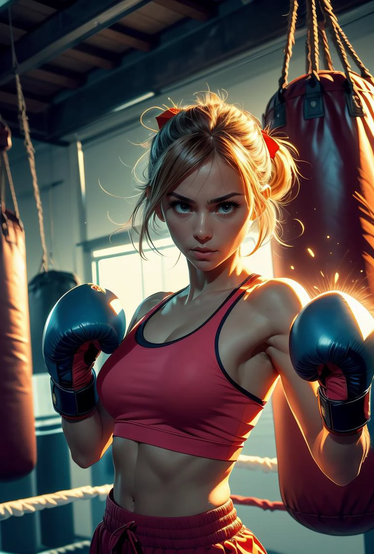 (masterpiece, best quality), 1girl,   Tangerine Low Ponytail with Ribbon Wrap, Sizes I to L breasts,   hanging sandbag, outstretched fist, punching, impact, spiral wind on fist, boxer helmet, boxing gloves, tank top, training gym, wind, glowing, speed lines