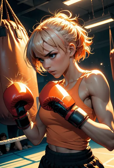 (masterpiece, best quality), 1girl,   Tangerine Faded Mohawk with Shaved Designs, Size D breasts,   <lora:girllikehangingsandbag:0.8> hanging sandbag, outstretched fist, punching, impact, spiral wind on fist, boxer helmet, boxing gloves, tank top, training gym, wind, glowing, speed lines