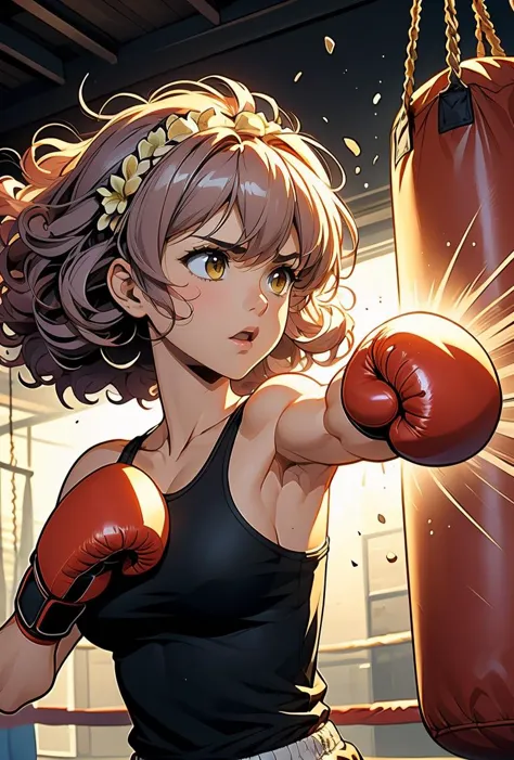 (masterpiece, best quality), 1girl,   Yellow Curly Afro with Flower Crown, Size F breasts,   <lora:girllikehangingsandbag:0.8> hanging sandbag, outstretched fist, punching, impact, spiral wind on fist, boxer helmet, boxing gloves, tank top, training gym, wind, glowing, speed lines