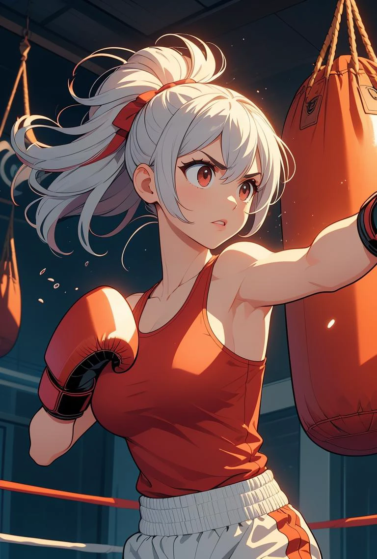 A woman in a boxing ring with a punching bag - SeaArt AI