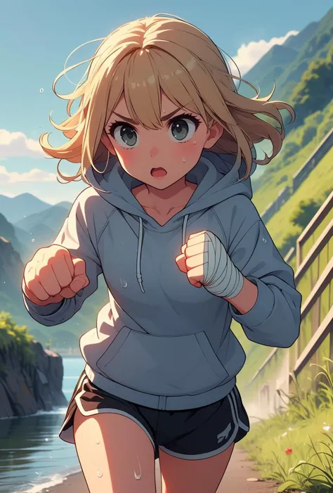 (masterpiece, best quality), 1girl,   Dirty Blonde Messy Side Swept Hair with, tiny breasts,    <lora:girllikejogging:0.8> jogging, punching, outstretched fist, river, embankment, steep grassy slope, bandage wrapped hands, hood covering head, hooded jacket, sports shorts, sweat, gasp, wind