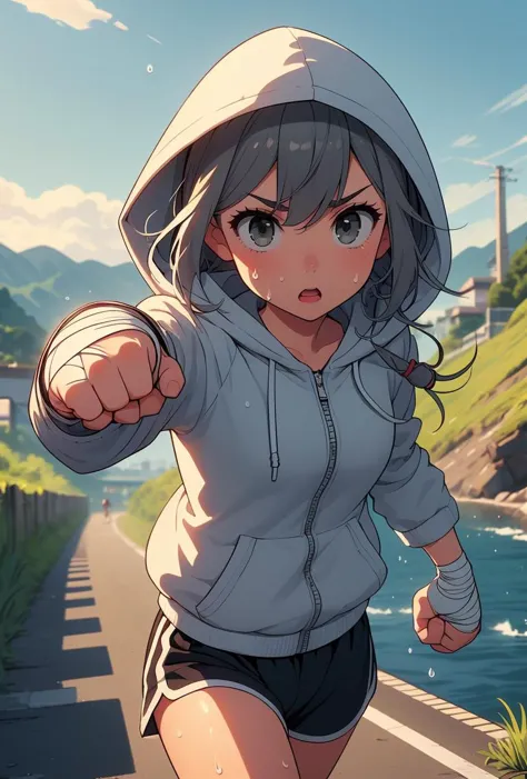 a woman in a hoodie running down a road next to a body of water