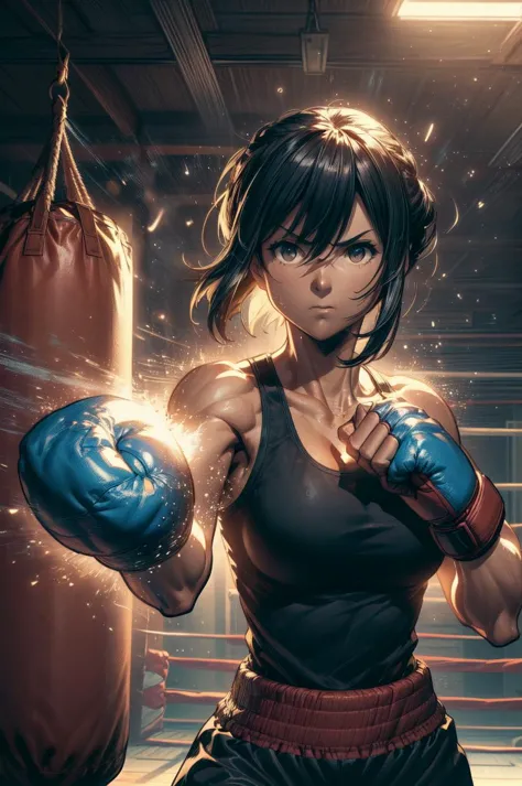 detailed illustration, close up, of a mature  woman, hanging sandbag, outstretched fist, punching, impact, spiral wind on fist, ...