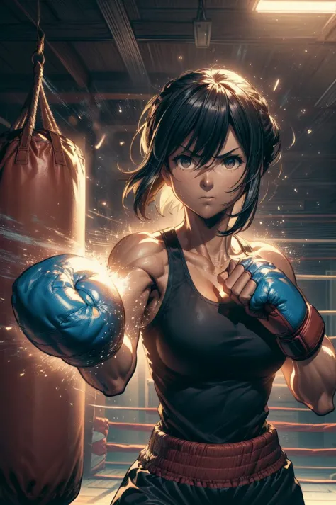 detailed illustration, close up, of a mature  woman, hanging sandbag, outstretched fist, punching, impact, spiral wind on fist, boxing gloves, tank top, wind, glowing, speed lines, indoors, training gym, cinematic lighting, hires, volumetric lighting, highly detailed background, masterpiece, <lora:add_detail:0.5> <lora:hairdetailer:0.5> <lora:girllikehangingsandbag:0.8>