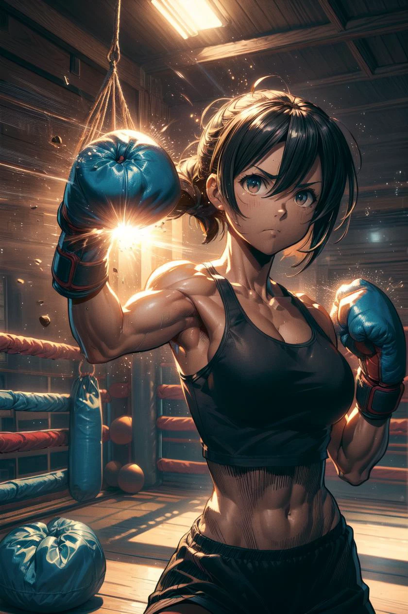 detailed illustration, close up, of a mature  woman, hanging sandbag, outstretched fist, punching, impact, spiral wind on fist, boxing gloves, tank top, wind, glowing, speed lines, indoors, training gym, cinematic lighting, hires, volumetric lighting, highly detailed background, masterpiece, 