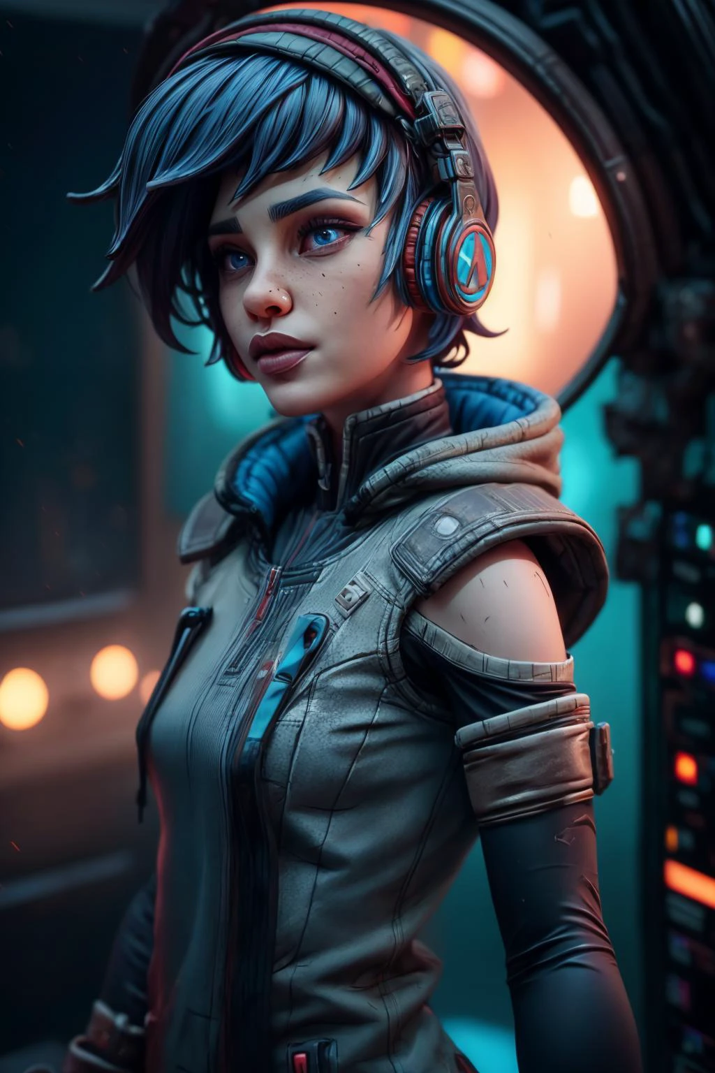 Cinematic film still, ((detailed facial features)), (cold colors), intricate details, shallow depth of field, [volumetric fog], cinematic lighting, reflections, 50mm lens, F/2.8, HDR, 8k resolution, cinematic film, ((1 girl)),  (half-body-shot:1), in a space station ,   Ava, short blue hair, blue eyes, freckles , small nose ring, AGear, headphones , fingerless gloves ,pants,  