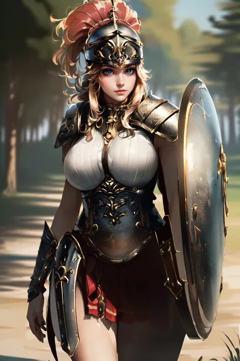 a woman in armor with a shield and helmet on