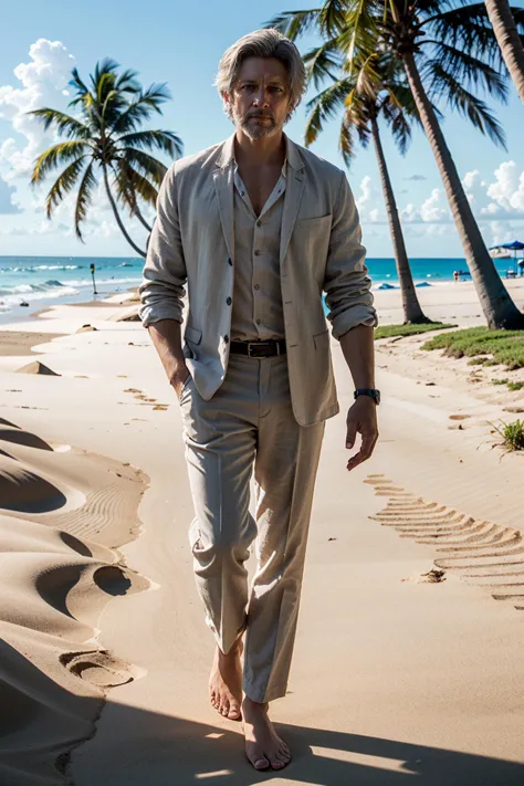 arafed man walking on a beach with palm trees in the background