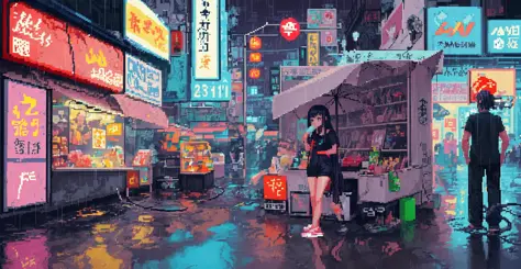 (pixel art_1.1)1girl,very long hair,Night,Street,Kitten,Small puddle,Rain,Neon Light,Hong Kong,Cyberpunk,Eating Popsicles,Insert pocket,Strap,short sleeve,White