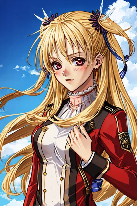 a close up of a woman with long blonde hair and a red jacket