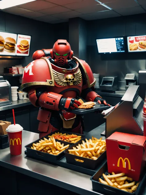 Photo of a space marine, <lora:primaris_marine-knight_armor-000007:0.6>red knight armor, working as a cashier at mcdonalds standing behind the register, tray of burgers and fries, on counter, fluorescent lighting