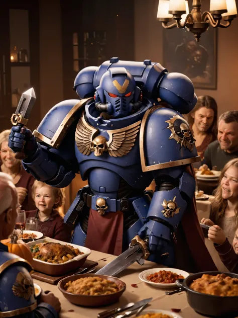 Photo of a space marine, <lora:primaris_marine-knight_armor-000007:0.6>knight armor, holding power sword, standing at the head of the table for thanksgiving dinner with family, cooked turkey on table, happy, warm lighting, perfect lighting, sharp focus