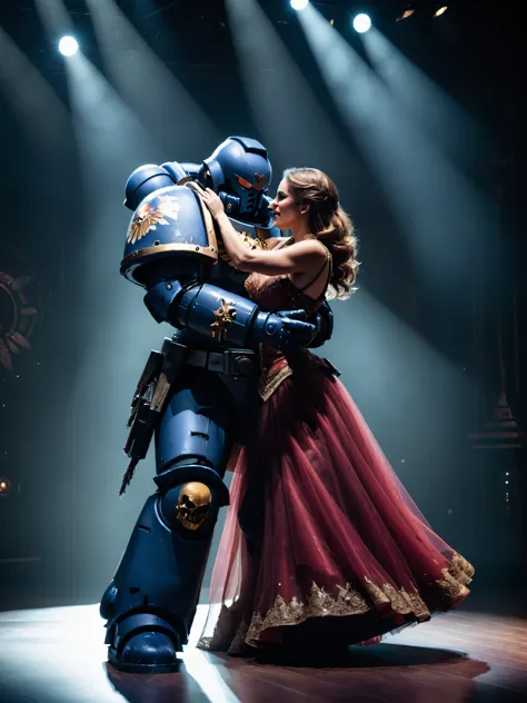 Photo of a space marine, <lora:primaris_marine-knight_armor-000007:0.6>Knight armor, dancing with a beautiful woman in a ball go...