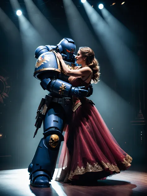 Photo of a space marine, <lora:primaris_marine-knight_armor-000007:0.6>Knight armor, dancing with a beautiful woman in a ball gown on stage, action shot, cinematic lighting