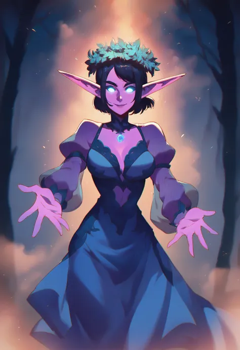 score_8_up, score_7_up,  beautiful night elf reaching towards viewer, light smile, black hair, purple skin, glowing eyes, ornate cyan dress with puffy sleeves, see-through sleeves, head wreath, particles, dark forest, night, fog, fantasy, <lora:sxz-dreelrayk-smol-pdxl:0.8> dreelrayk style, halftone, no lineart, chromatic aberration