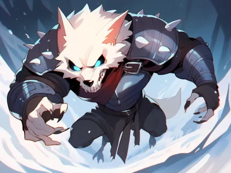 score_8_up, score_7_up, big strong werewolf death knight, glowing blue eyes, eye trail, white fur, heavy armor with spikes, belt, big shoulder pads with skull emblem, cape, winter, snow, fantasy, dynamic angle, full body, <lora:sxz-dreelrayk-smol-pdxl:0.8> dreelrayk style, halftone texture, chromatic aberration