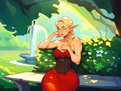 blond elf in red dress sitting on a bench in front of a fountain