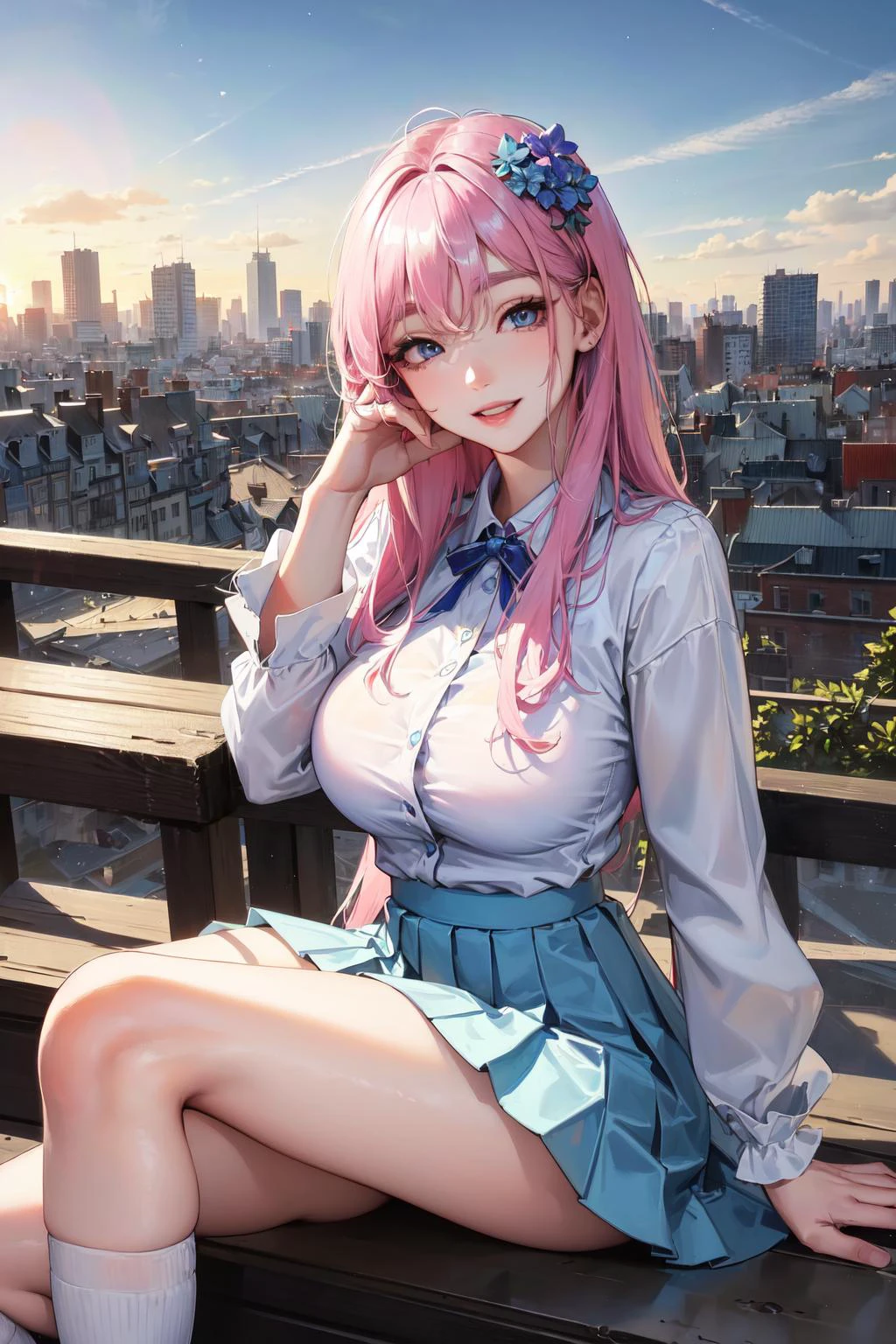 official art, masterpiece, sharp focus, (beautiful gorgeous cute Korean woman:1.3), (beautiful cute korean:1.3), korean beauty, Delicate and beautiful hair and eyes and face, realistic, ultra detailed, beautiful girl, blue sky, glow white particle, (sidelighting:1.2), sun light, white cloud, detailed clouds, slender, Lovely very large breasts and very large hips, smile with teeth, ((smile with eyes, open both eyes)), scenery, long straight hair, sexy facial expression, building, (cityscape:1.7), dynamic hair, long straight hair, detailed platinum pink hair, glow blue eyes, (blue pleated shirts + white skirt), white long socks, pale skin, hair ornament, epic scenery,