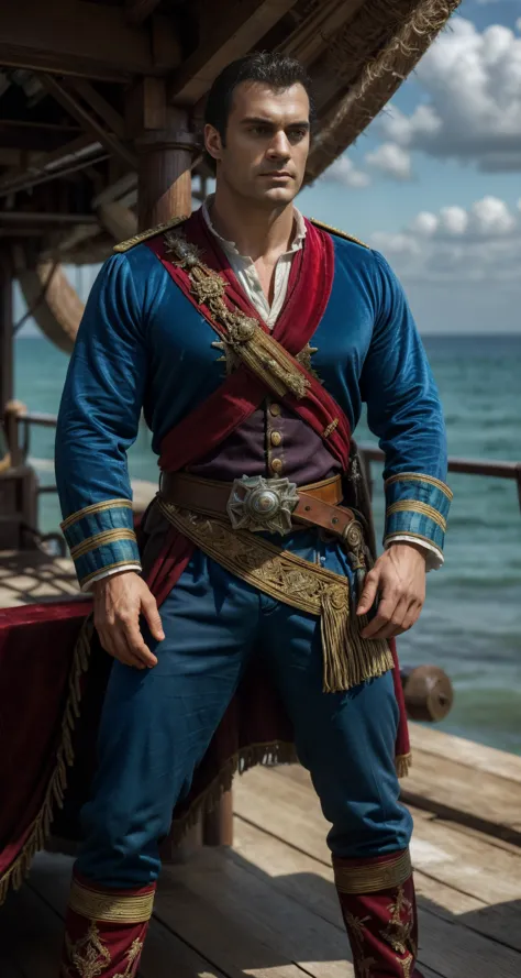 sFw solo modelshoot style (Full body:1.3) photography oF 
(Henri Cavil ):1.5 avec (cheveux du matin coupe de cheveux hirsute sauvage ébouriffée, texture de cheveux venteux), regarder le spectateur, standing as a British royal navy oFFicer in the 1400, ((wearing Flamboyant médiéval military sea captain outFit intricate elegant noble patterned Fabric clothes (chemise en lin et coton):1.2 coloris rouge cramoisi profond et bleu marine,  velours)), pose dynamique, Renflement, Italian renaissance Fashion, costume, Fantasy, cosplayer, mdn, renaissance Fair, médiéval, From pirates oF the caribbean, Flag Flying above Fort, 
Fresh Face, peau détaillée, pores de la peau, Acné, Freckles, taupe, yeux détaillés, deFiance512, 
(male Focus, tir à la hauteur des yeux, plan large, Full shot, Full-length:1.3), subsurFace scattering, (particules de poussière),  ((particle eFFect)), sharp Focus on subject, Contexte très détaillé, chef-d&#39;œuvre, Réaliste, très détaillé, high-deFinition resolution, ultra Réaliste, très détaillé,  F/1.8, 85mm, proFessionally color graded, tendance sur Instagram, tendance sur tumblr, granuleux, Meilleure qualité:1.1, ultra photoréaliste, photoRéaliste:1.0, sharp Focus:1.1, depth oF Field:1.1, 50mm, Hasselblad X1D II, Porte 160, (floraison), (briller), Tracé laser, bokeh, 32k, Mégapixel, HDR, Ultra HD, Super-résolution, RAW Format, ProFessional shot, ISO 100,
prt