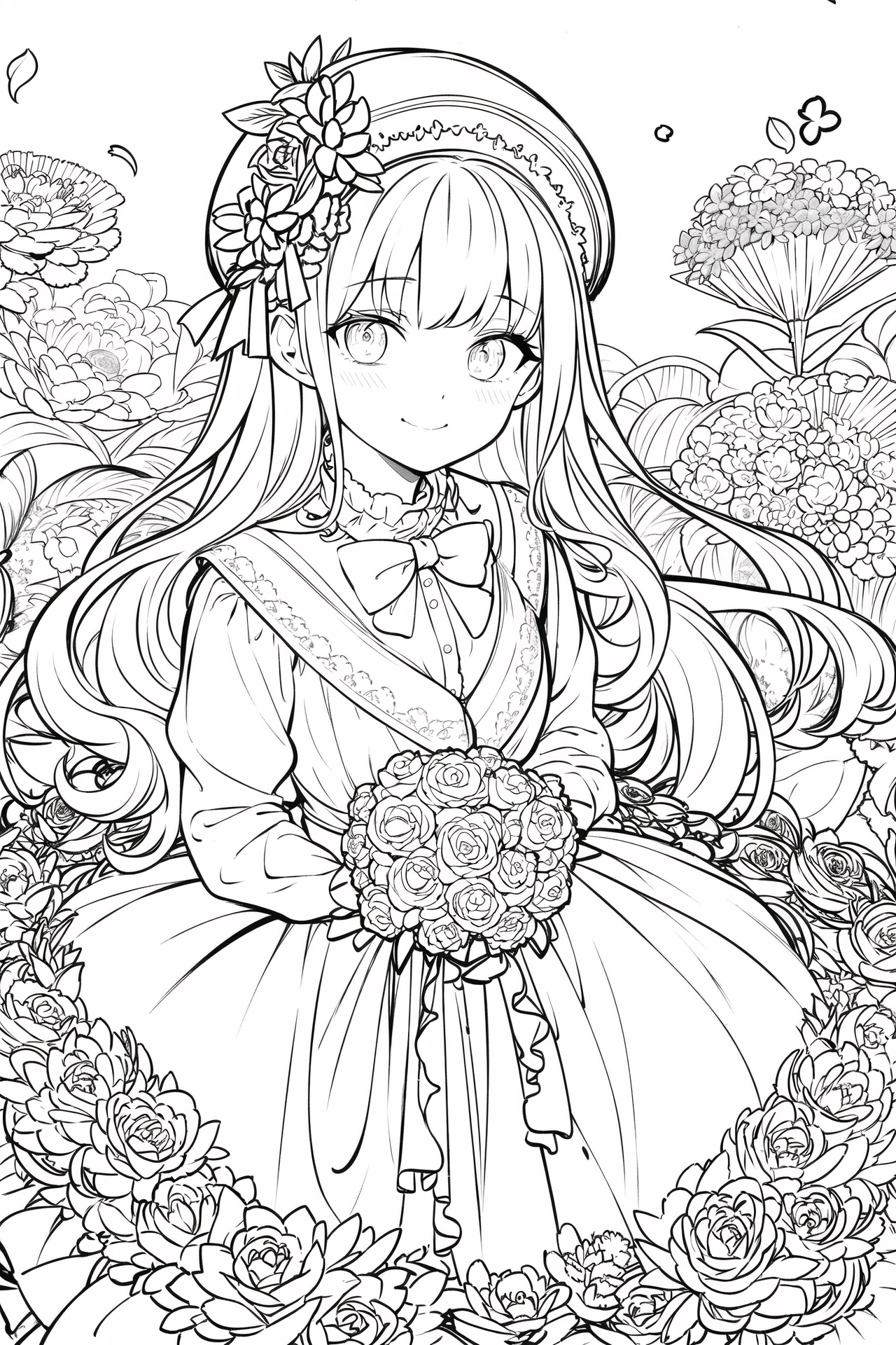masterpiece, best quality, master, best quality, 1girl, solo, long_hair, looking_at_viewer, smile, bangs, skirt, shirt, long_sleeves, hat, dress, bow, holding, closed_mouth, flower, frills, hair_flower, petals, bouquet, holding_flower, center_frills, bonnet, holding_bouquet, monochrome, lineart, 