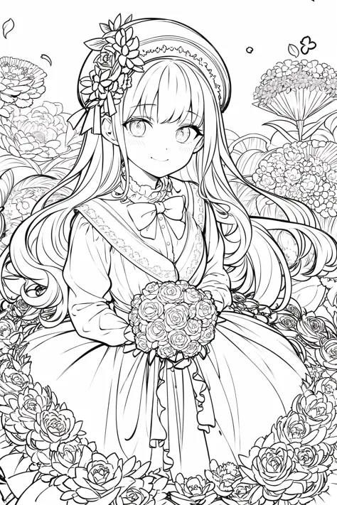 masterpiece, best quality, master, best quality, 1girl, solo, long_hair, looking_at_viewer, smile, bangs, skirt, shirt, long_sleeves, hat, dress, bow, holding, closed_mouth, flower, frills, hair_flower, petals, bouquet, holding_flower, center_frills, bonnet, holding_bouquet, monochrome, lineart, <lora:animeoutlineV3-000008:1>