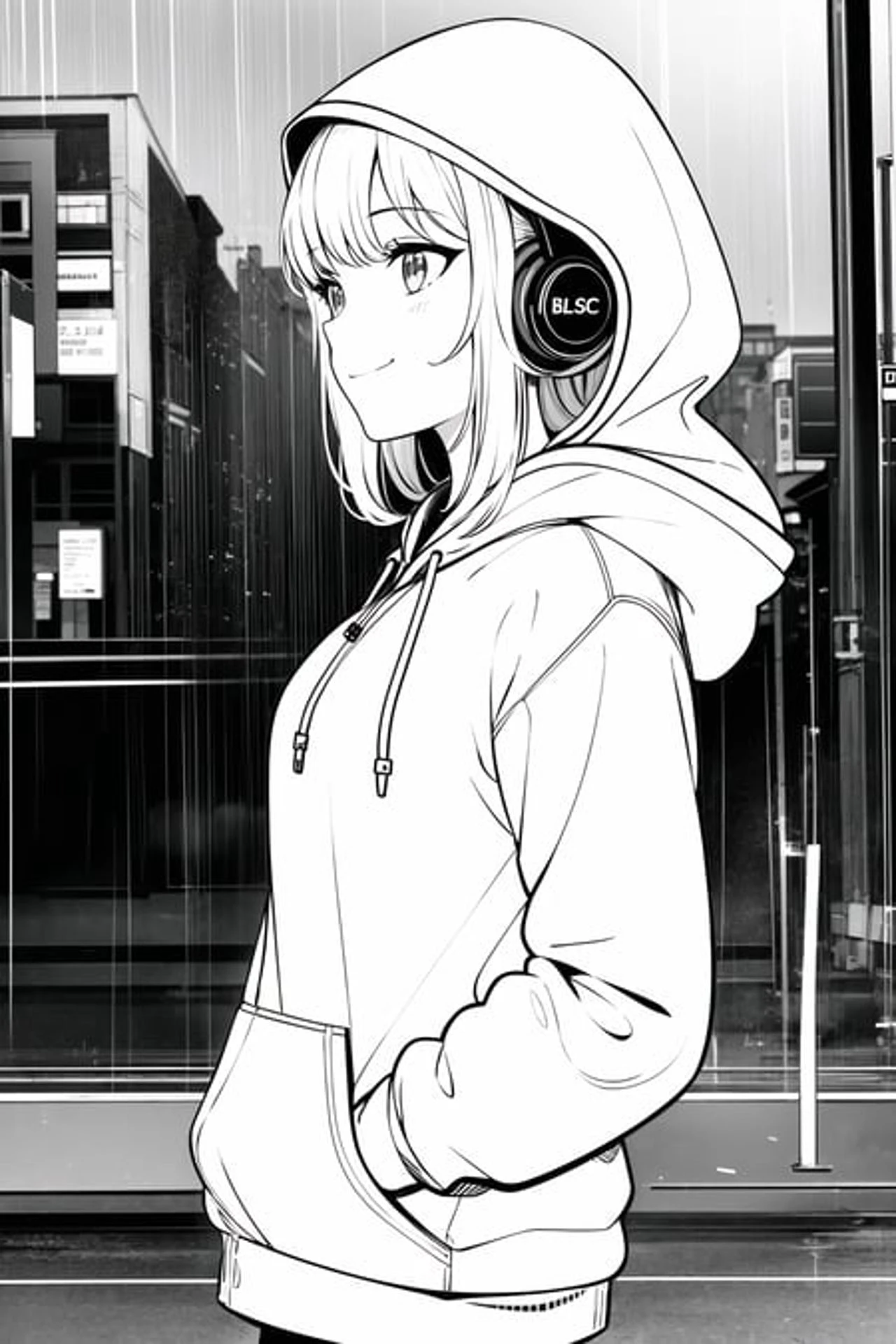 best masterpiece,1girl,solo,incredibly absurdres,hoodie,headphones, street,outdoors,rain,neon lights, light smile, hood up, hands in pockets, looking away, from side, lineart, monochrome, 