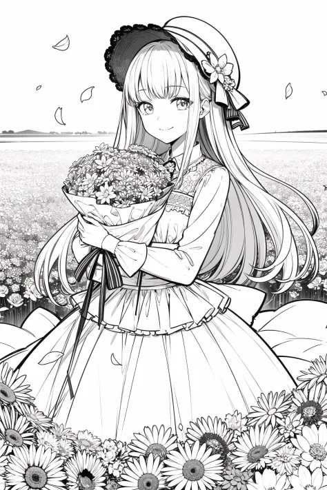 masterpiece, best quality, 1girl, solo, long_hair, looking_at_viewer, smile, bangs, skirt, shirt, long_sleeves, hat, dress, bow, holding, closed_mouth, flower, frills, hair_flower, petals, bouquet, holding_flower, center_frills, bonnet, holding_bouquet, fl...