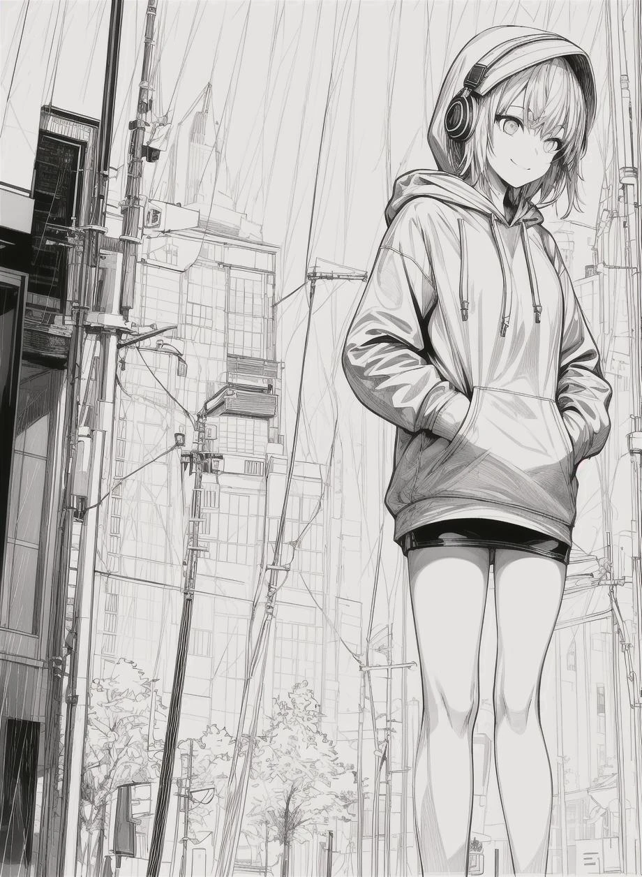 best masterpiece,1girl,solo,incredibly absurdres,hoodie,headphones, street,outdoors,rain,neon lights, light smile, hood up, hands in pockets, looking away, from side, lineart, monochrome,