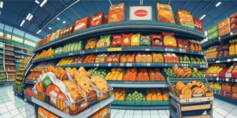 ((establishing shot:1.2, fisheye:1.2)), (masterpiece, best quality), (((inside a modern supermarket))), (((snacks isle))), lots of products in display, gondola shelving filled with snacks, multi colorpackages, cluttered isles, (secondary color:1.1), (prima...