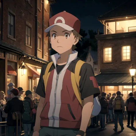 highres, masterpiece, red (pokemon), 1boy, solo, outside, at night