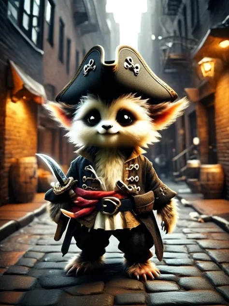 a close up of a cat dressed in pirate gear on a street