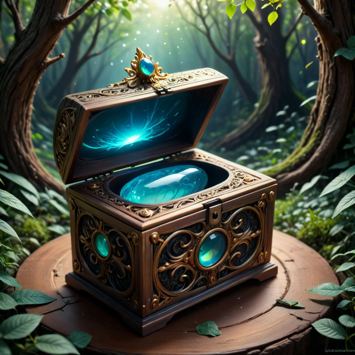 Abstract surrealist style with dreamlike and abstract elements, often with a focus on the subconscious mind, 2d cartoon a magical box, (open lid:1.4), (made of glass:1.4), with magical contents inside, (covered in intricate filigree inlay:1.3), iridescent opal style, gemstones, beautifully fabricated, magical forest background, leaves, linquivera, liiv1, abstract surrealism, dreamlike, abstract elements, subconscious mind, imaginative, whimsical, experimental, innovative