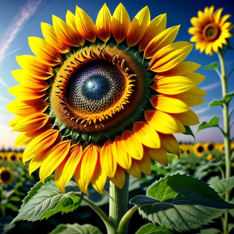 there is a sunflower with a bee on it in a field