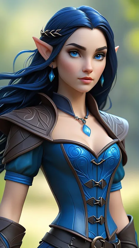 young female half-elf druid, ((small breats)), (pointy ears), fair skin, ((skin tight deep blue leather:1.5)) with water pattern...