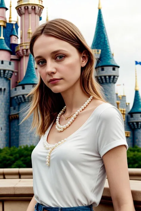 a woman in a white shirt and blue jeans standing in front of a castle