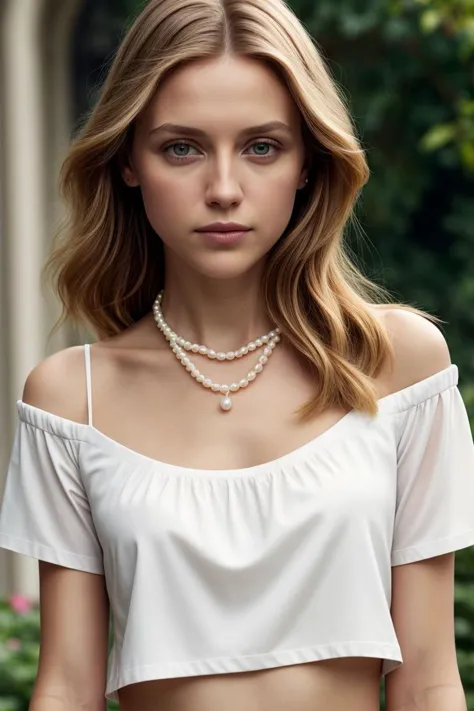 a woman wearing a white top and a pearl necklace