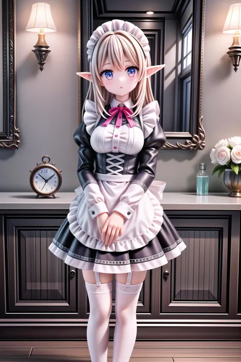 anime character dressed in maid outfit posing in front of mirror