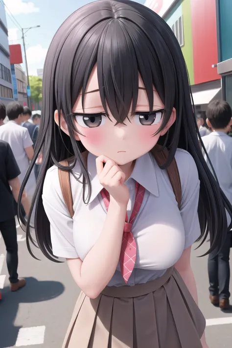 anime girl in school uniform posing for a picture in a crowded street