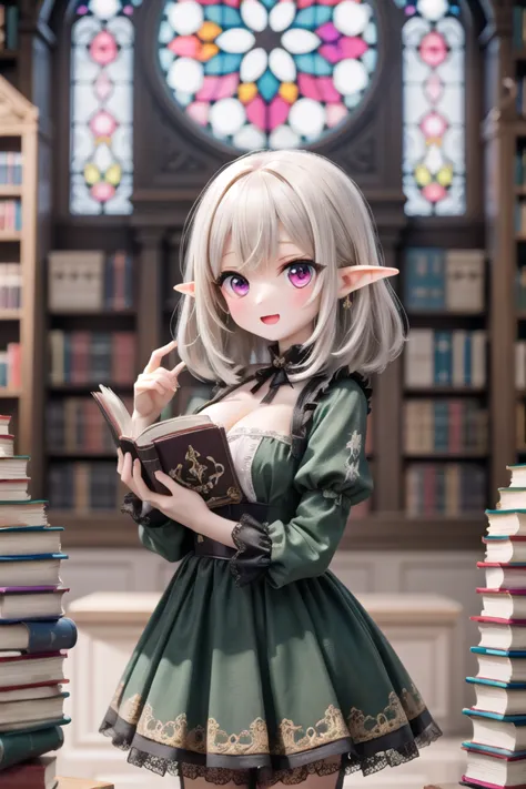 a close up of a person holding a book in front of a book shelf