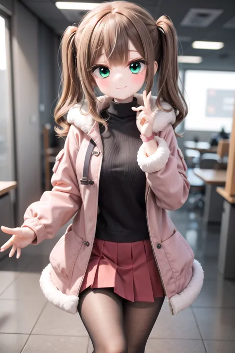 insanely detailed, absurdres, ultra-highres, ultra-detailed, best quality,
1girl, solo, nice hands, perfect hands
BREAK
(pink and white theme:1.4), (Wearing a (long sleeve pink coat with fur color) over a white high neck blouse:1.4), (fur cuffs:1.3), (double pillar button:1.3), (pocketless:1.4), (plain ivory-white pantyhose:1.4), (pink heeled boots with lace-up:1.2)
BREAK
(wine-red pleated skirt:1.3)
BREAK
(nsfw:-1.5)
BREAK
happy smile, laugh, closed mouth
BREAK
(45 angle:-1.5), (from side:-1.5),
standing, cowboy shot, looking at viewer
BREAK
slender, kawaii, perfect symmetrical face, ultra cute girl, ultra cute face, ultra detailed eyes, ultra detailed hair, ultra cute, ultra beautiful
BREAK
in school ground, depth of field, ultra detailed background
BREAK
medium large breasts
BREAK
hime cut, (twintails:1.3), messy hair, medium hair, (red brown hair, emerald green eyes:1.3)
<lora:eyecolle_marigold_v100:0.5> <lora:eyecolle_artemisia_v100:0.5>