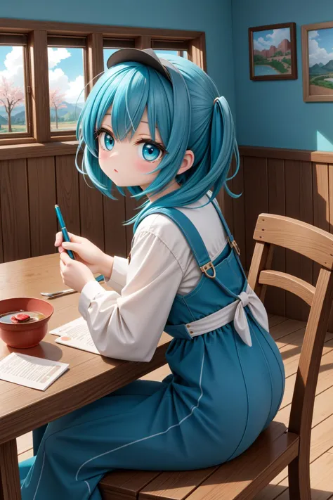 anime girl sitting at a table with a bowl of cereal and a cell phone