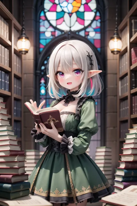 a girl in a green dress holding a book in a library