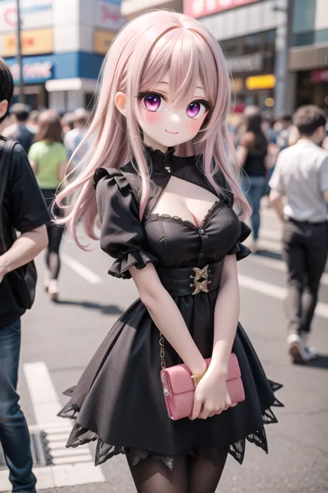 araffe girl in a black dress with pink hair and a pink purse