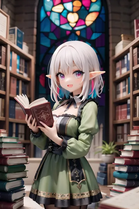 a woman in a green dress holding a book in a library