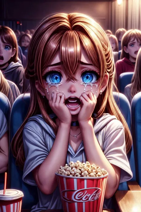 anime girl with blue eyes watching a movie with popcorn and soda