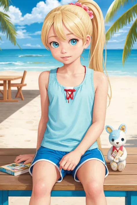 blonde girl ponytail on a beach boardwalk cafe sitting at the table sandwich wearing a tanktop and shorts sneakers stuffed anima...