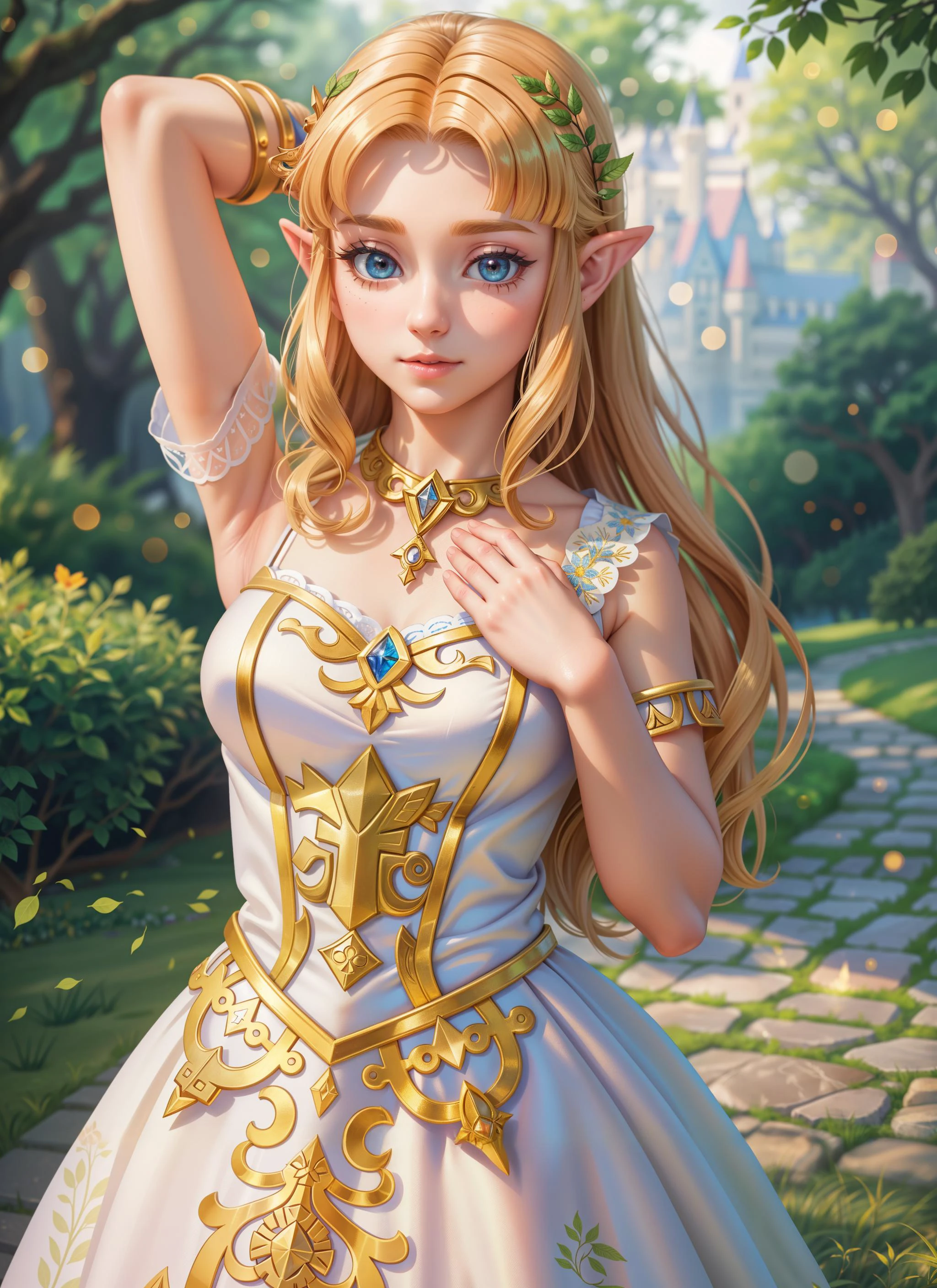 (Niedlich:1.2) Porträt einer posierenden Zelda, ein Arm erhoben, empfindlich, Prinzessinenkleid, Schloss, Laub, traumhaft, neblig, (Meisterwerk:1.2) (fotorealistisch:1.2) (bokeh) (beste Qualität) (detaillierte Haut:1.3) (komplizierte Details) (8k) (HDR) (Filmische Beleuchtung) (scharfer Fokus)