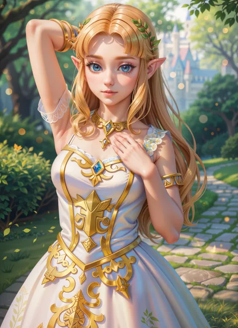 (cute:1.2) portrait of zelda posing, one arm raised, delicate, princess dress, castle, foliage, dreamlike, misty, (masterpiece:1...