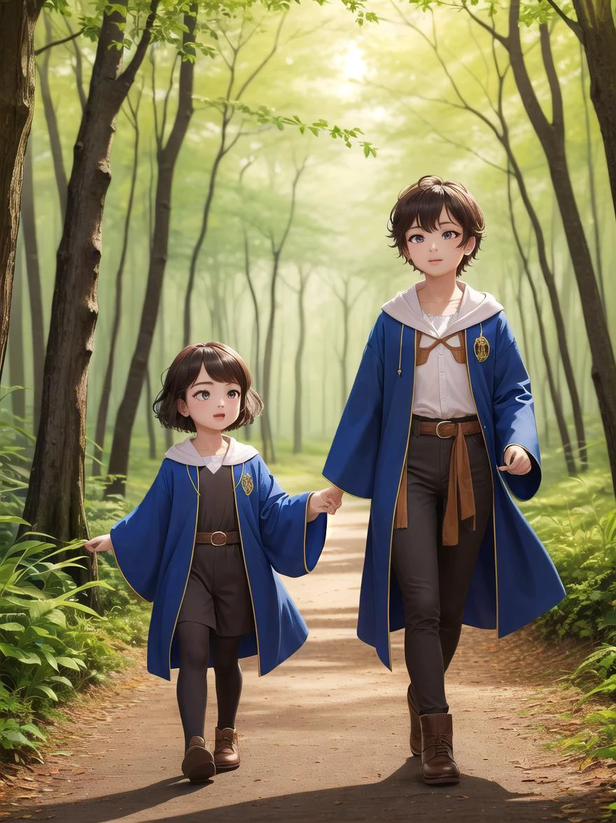 deux filles portant des robes de sorcier marchant dans les bois forestiers,  AS-Jeune, couverture de livre dans le style des dessins animés occidentaux