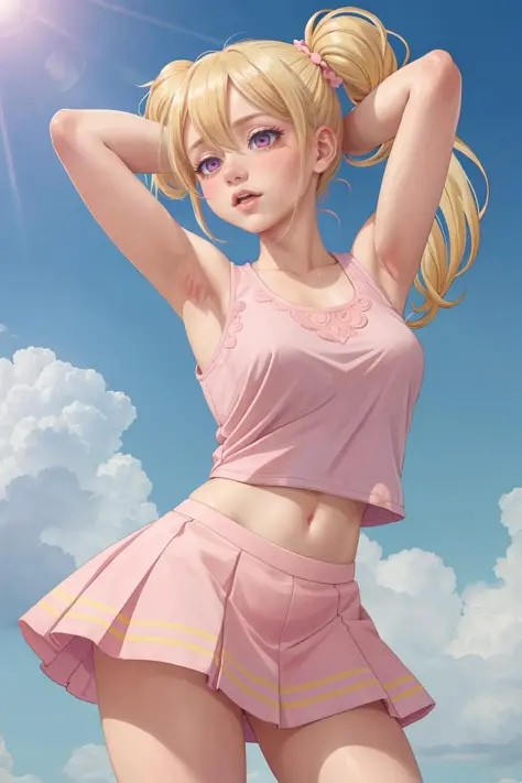 blonde twintails young girl dressed in (pink tank top) and skirt lift, cloudy sky bright sunny day, wind upskirt, hands above he...